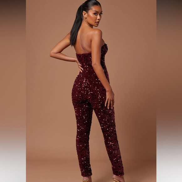 Sold Fashion Nova Isabeli Sequin Jumpsuit - Burgundy - Picture 4 of 12
